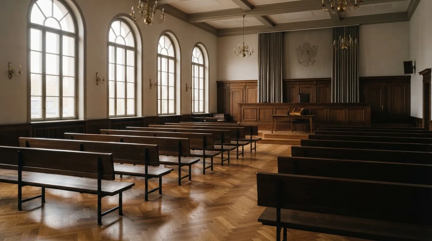 An empty courtroom with wooden benches in morning light