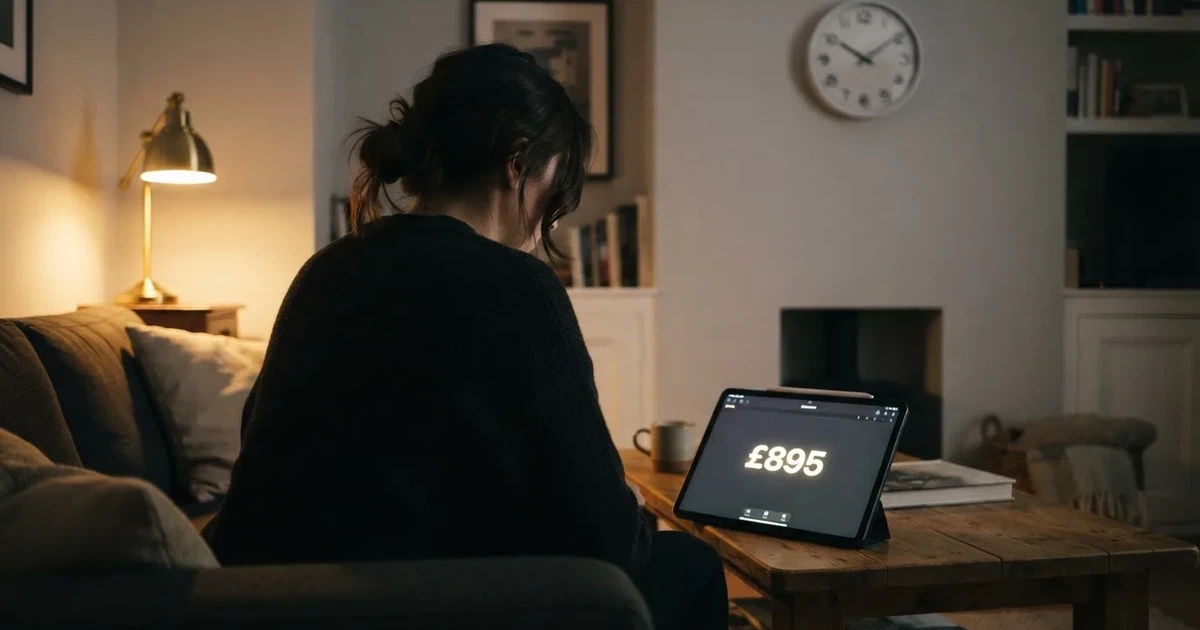A person on a sofa looking thoughtfully at a tablet, a wall clock in the background