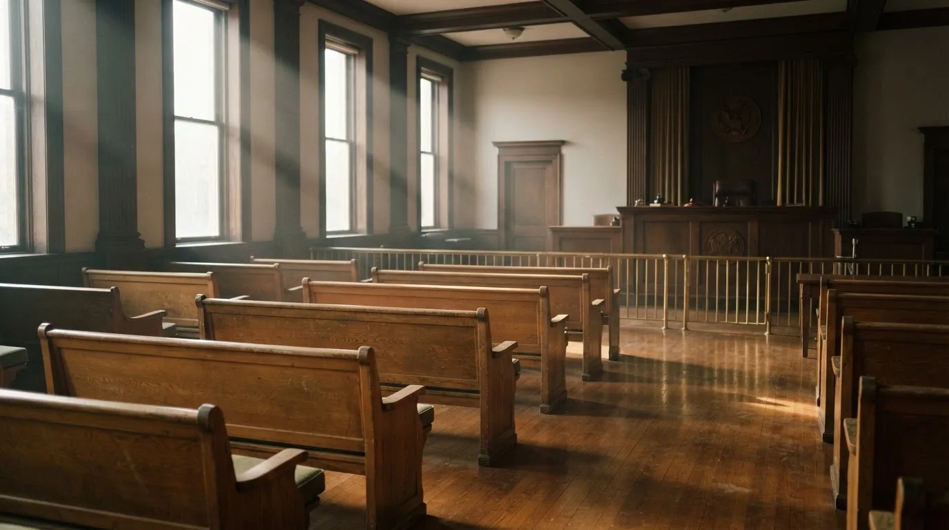 An empty courtroom with wooden benches in morning light