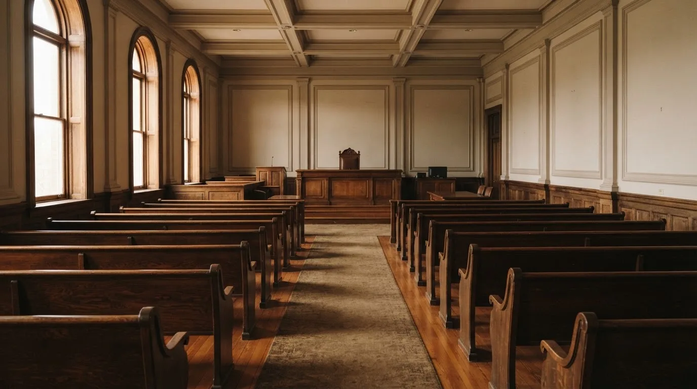 An empty courtroom with wooden benches in morning light