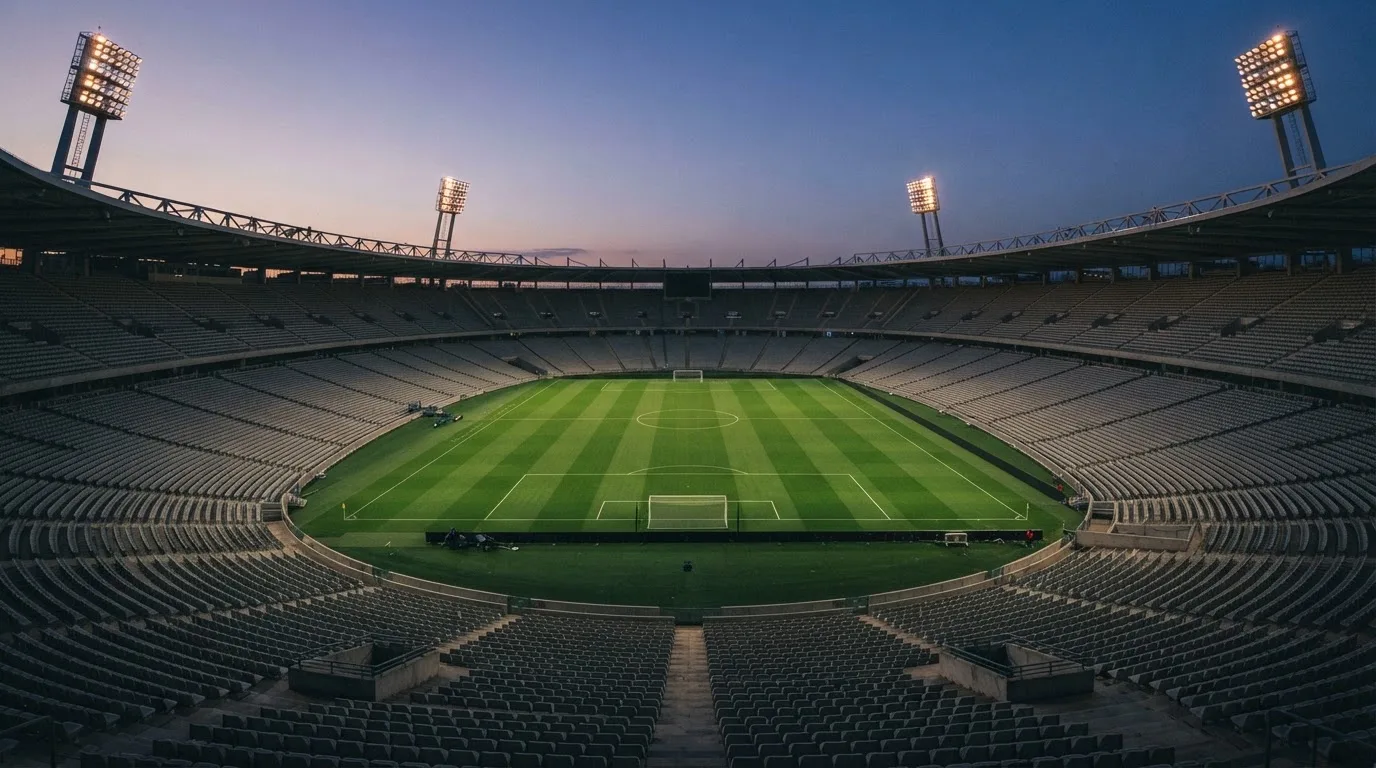 An empty football stadium with floodlight masts at dusk