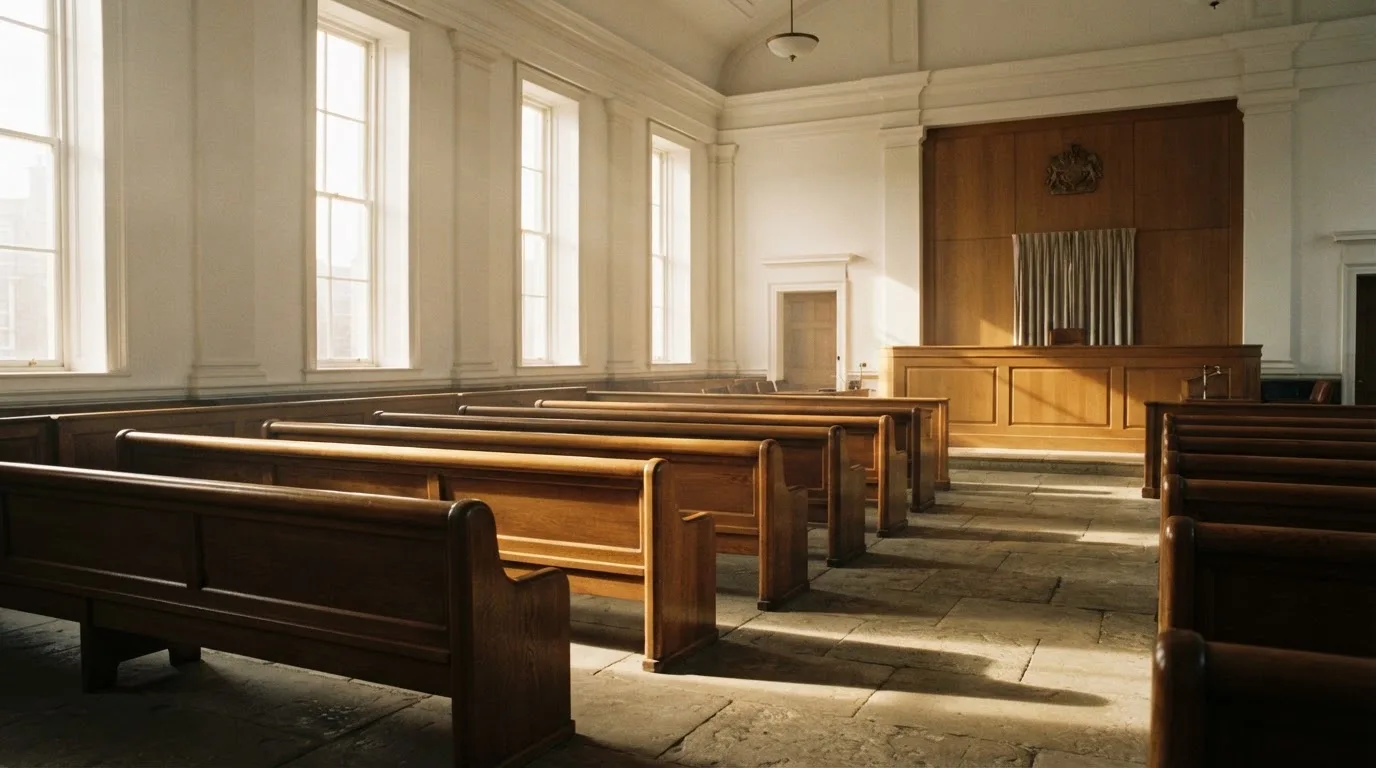 An empty courtroom with wooden benches in morning light