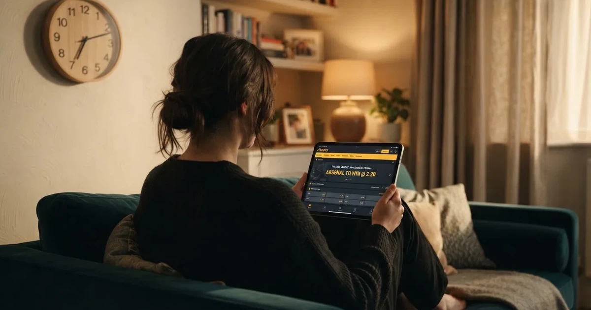 A person on a sofa looking thoughtfully at a tablet, a wall clock in the background