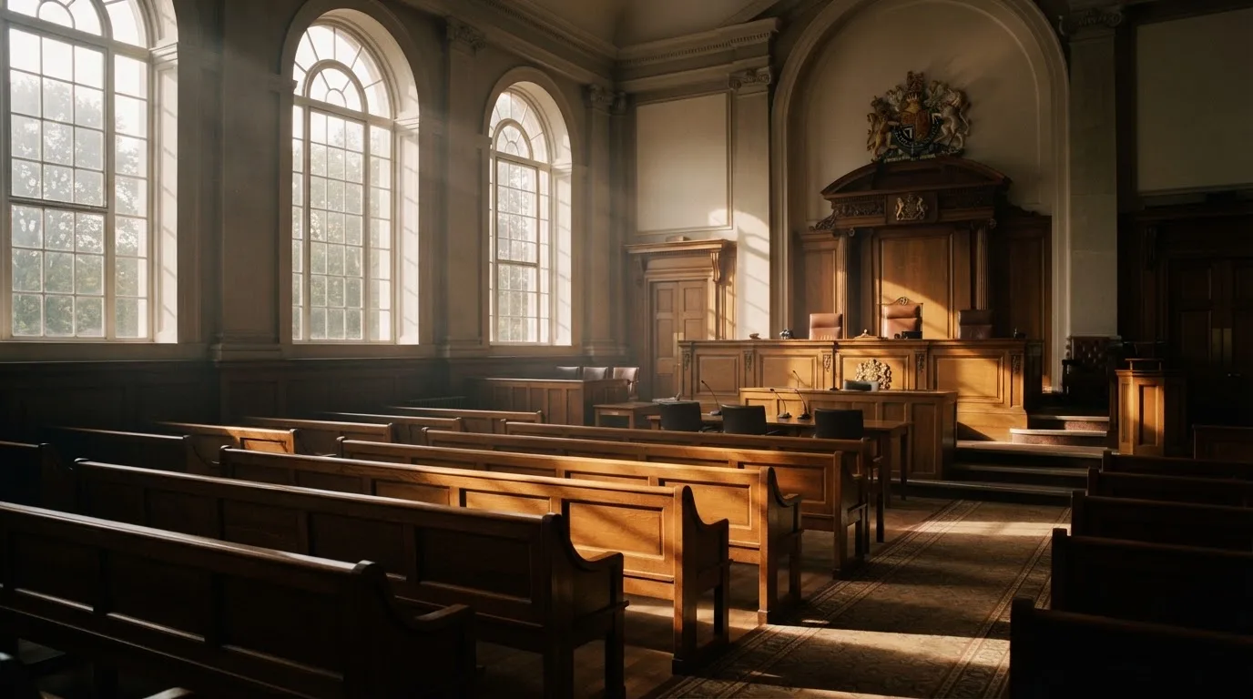 An empty courtroom with wooden benches in morning light