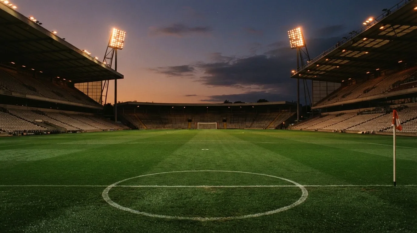An empty football stadium with floodlight masts at dusk