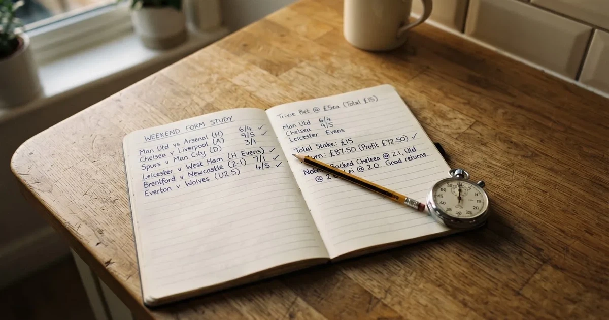 An open notebook with a pencil and a stopwatch on a wooden table