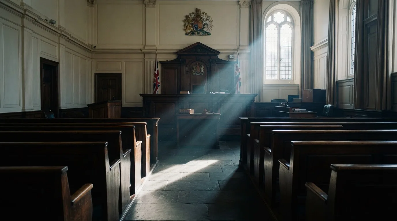 An empty courtroom with wooden benches in morning light
