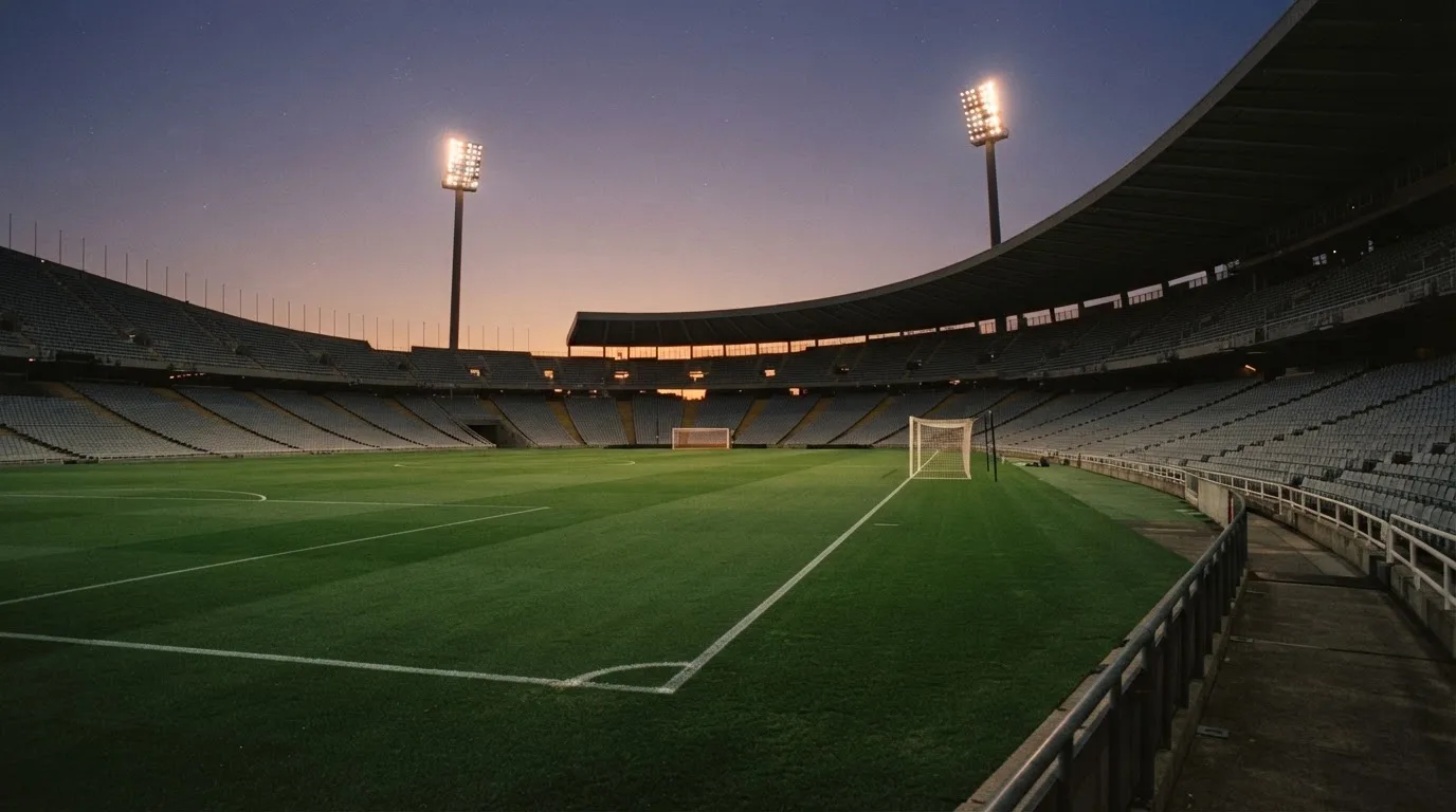An empty football stadium with floodlight masts at dusk