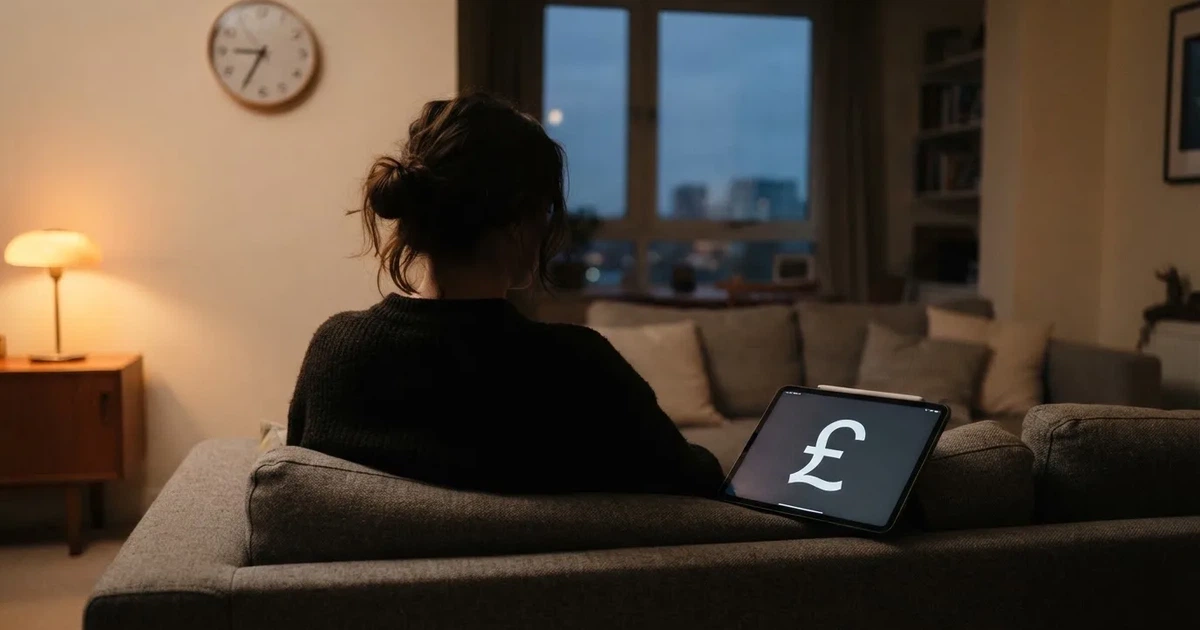 A person on a sofa looking thoughtfully at a tablet, a wall clock in the background