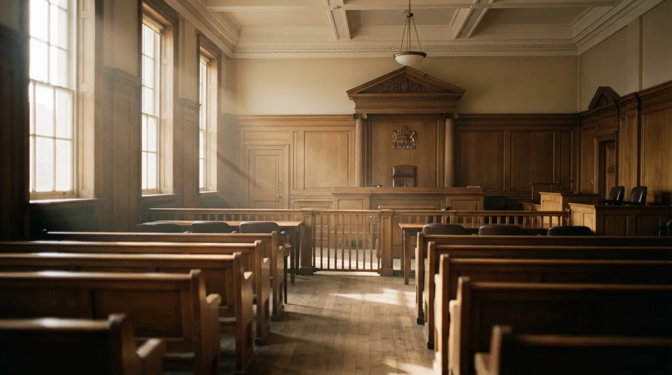 An empty courtroom with wooden benches in morning light