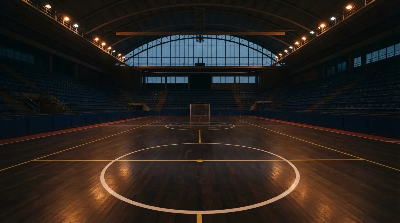 An empty football stadium with floodlight masts at dusk
