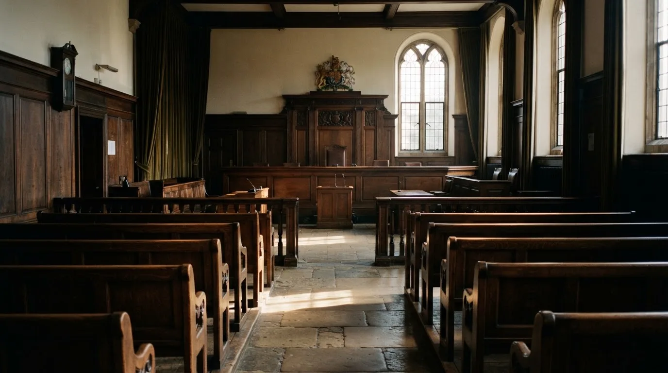An empty courtroom with wooden benches in morning light