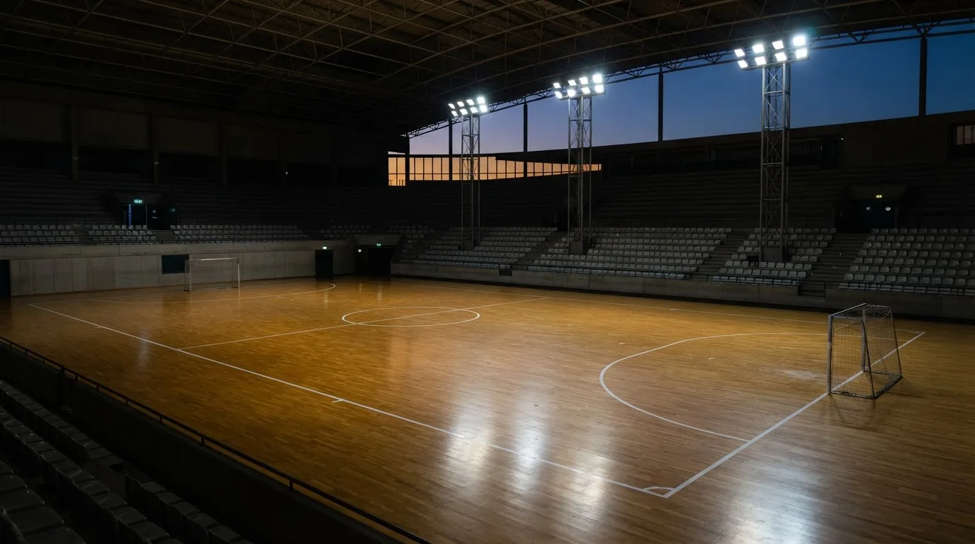 An empty football stadium with floodlight masts at dusk