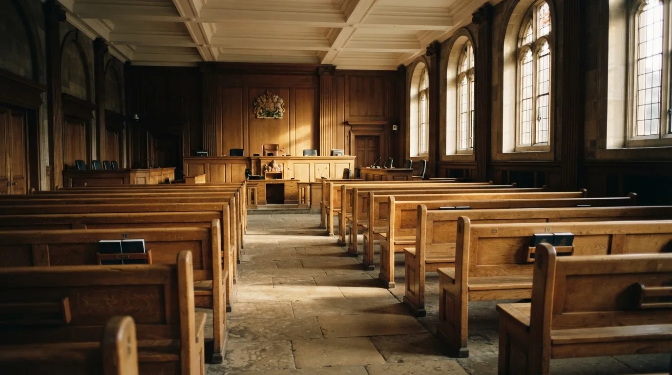An empty courtroom with wooden benches in morning light