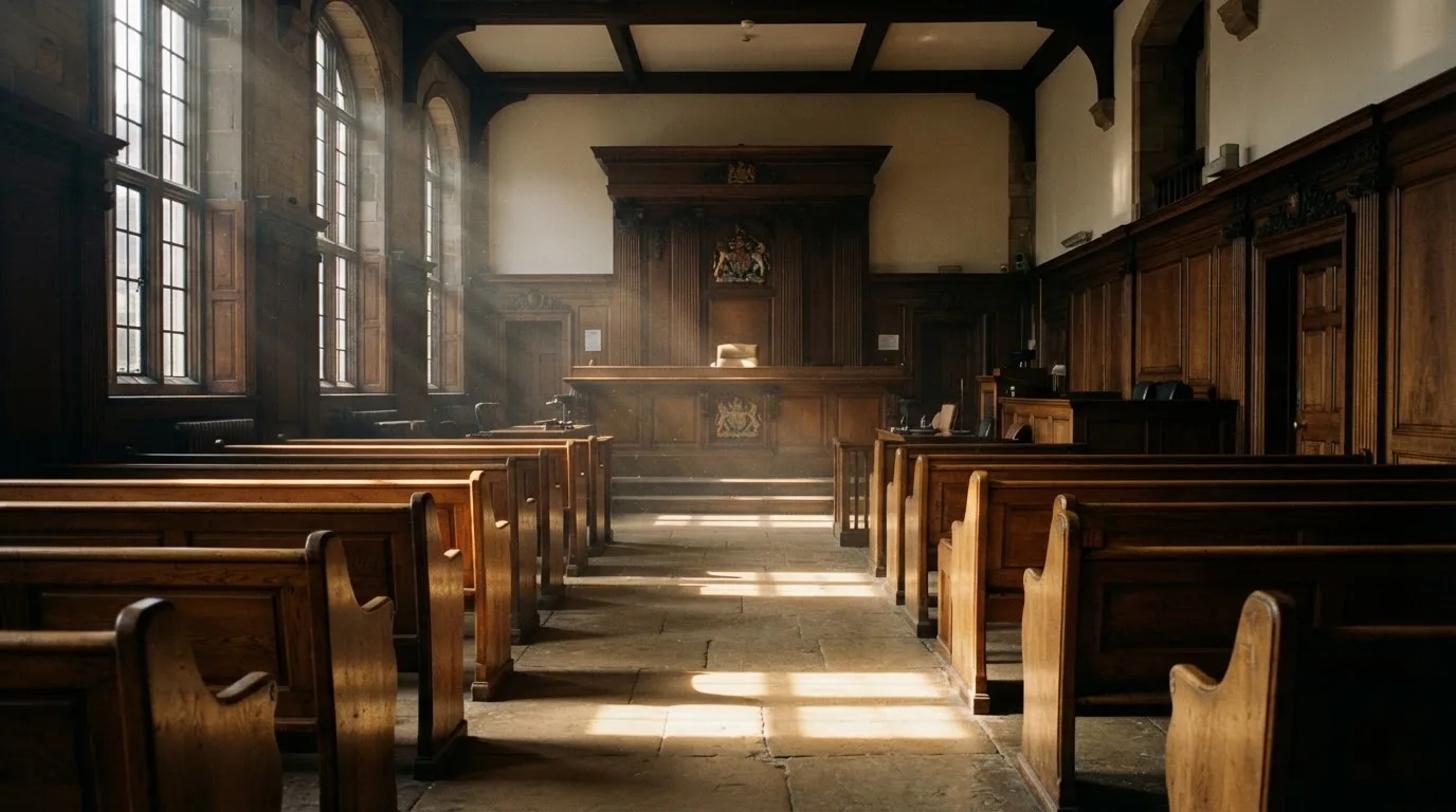 An empty courtroom with wooden benches in morning light