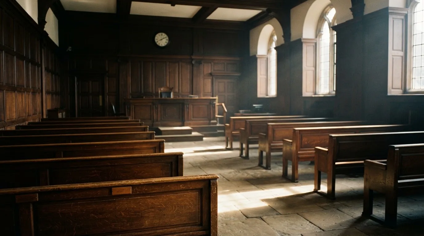 An empty courtroom with wooden benches in morning light