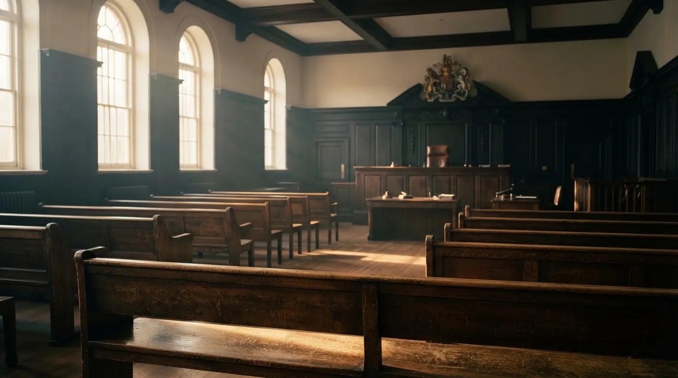 An empty courtroom with wooden benches in morning light