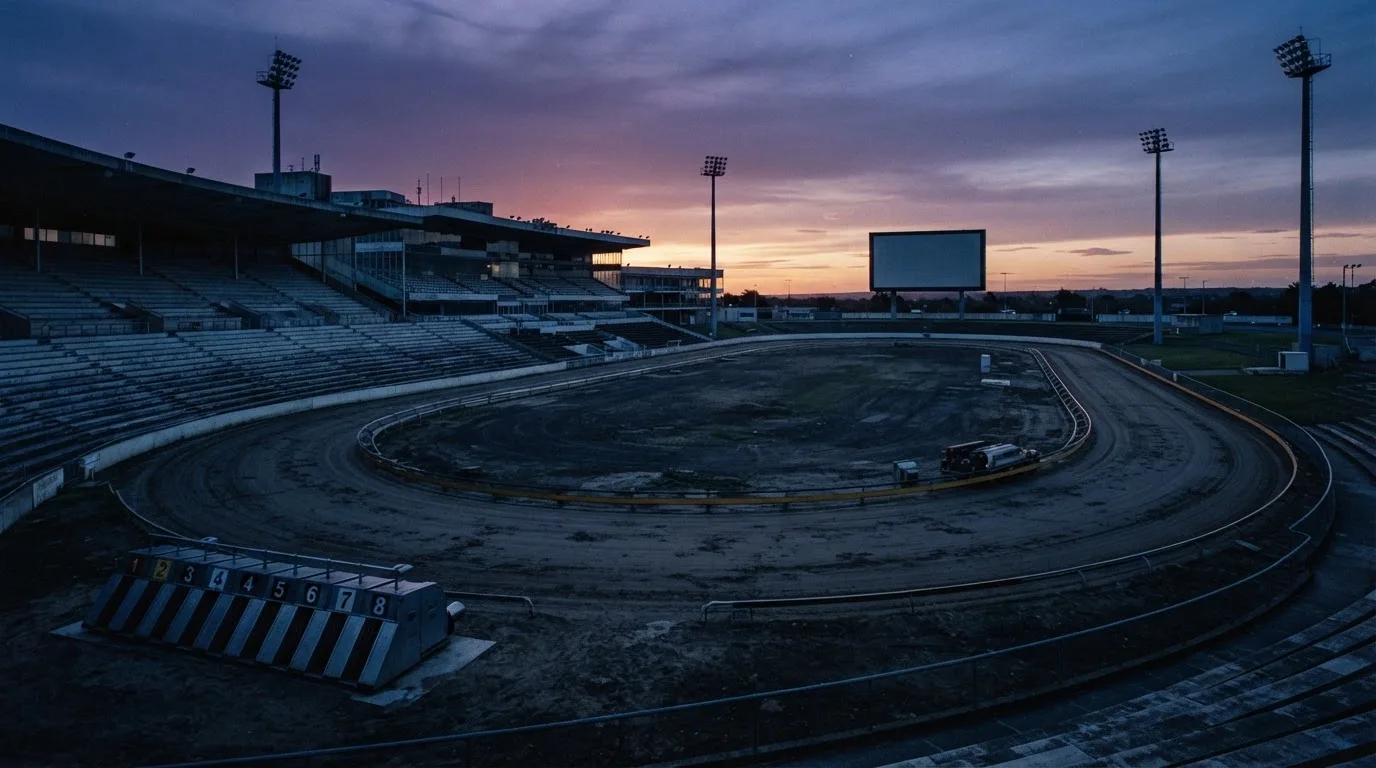 An empty football stadium with floodlight masts at dusk