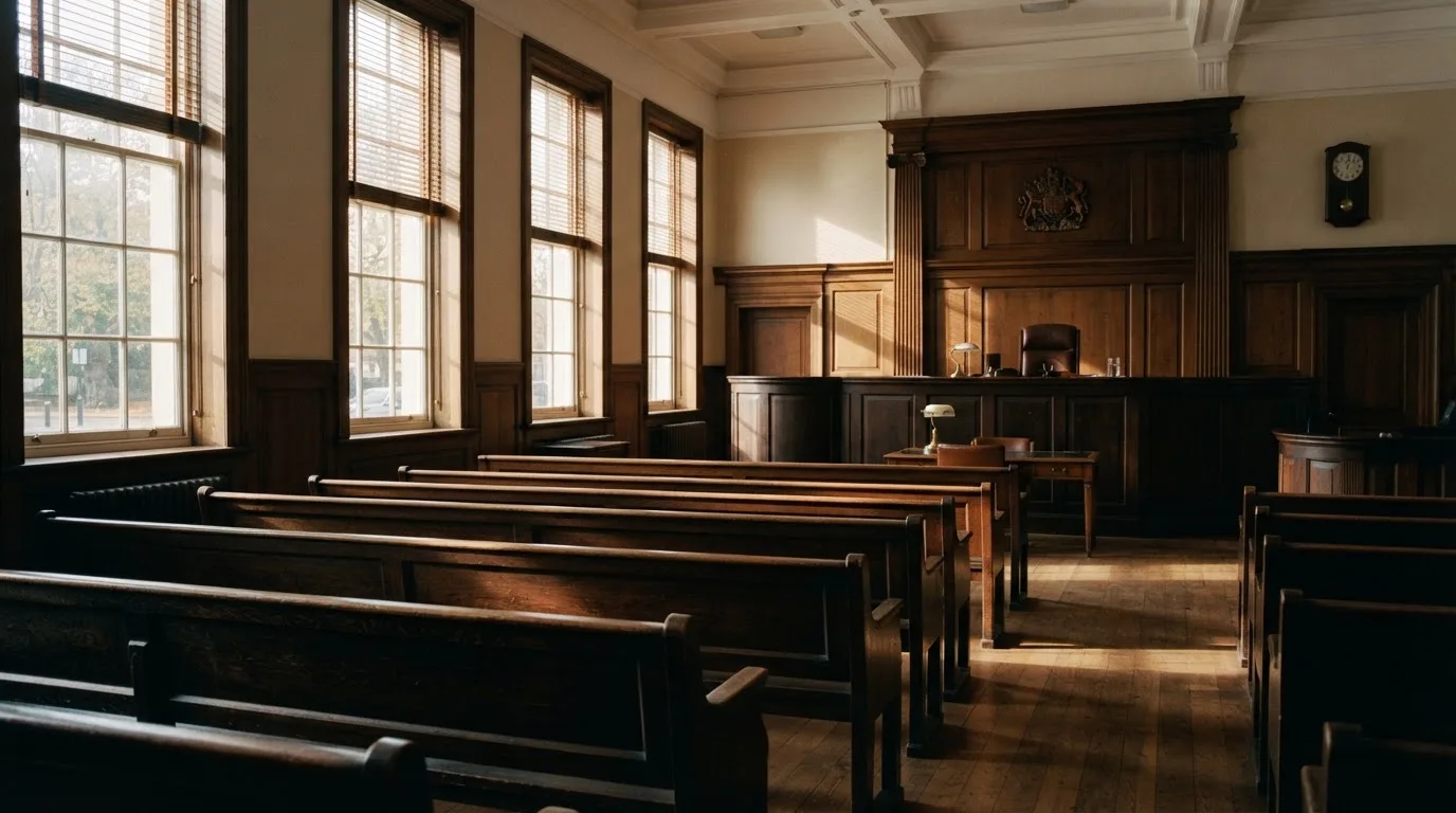 An empty courtroom with wooden benches in morning light