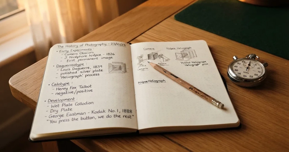 An open notebook with a pencil and a stopwatch on a wooden table