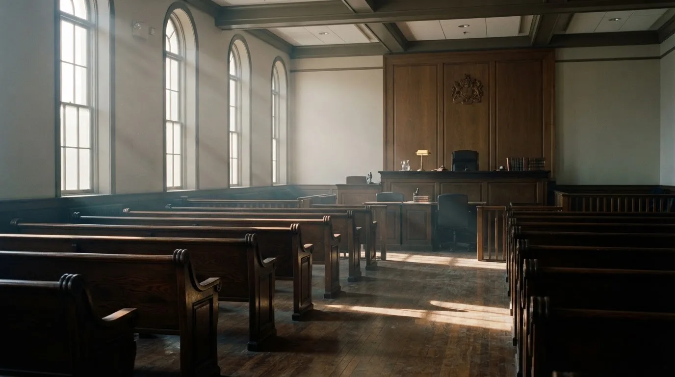 An empty courtroom with wooden benches in morning light