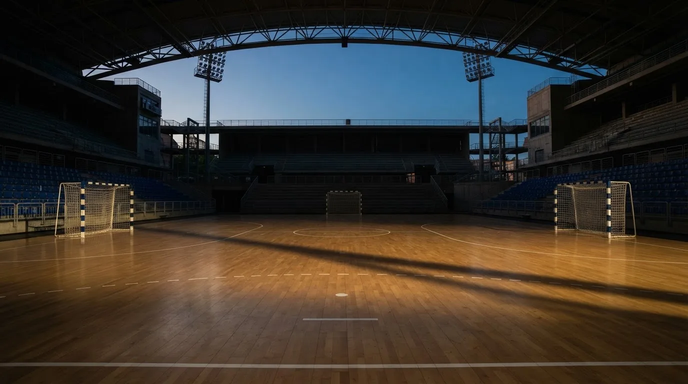 An empty football stadium with floodlight masts at dusk