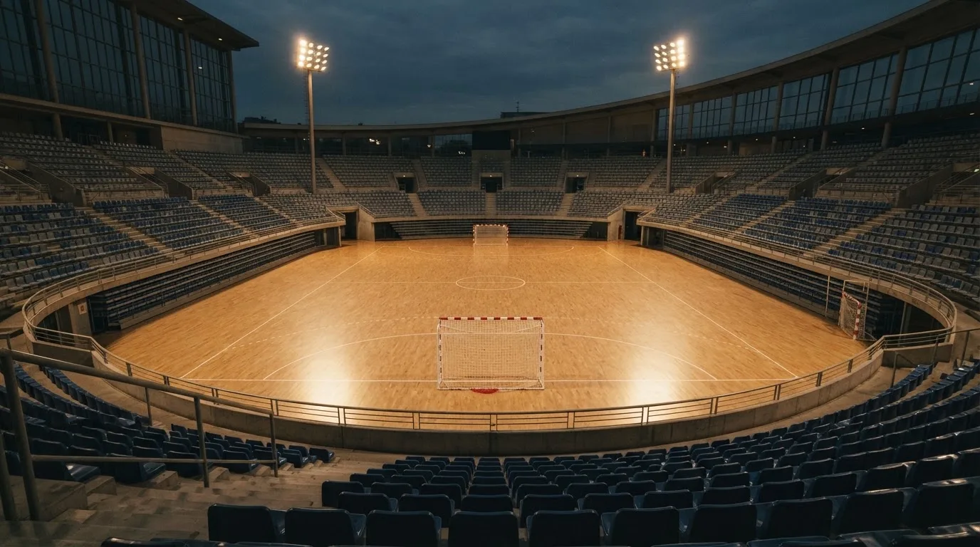 An empty football stadium with floodlight masts at dusk