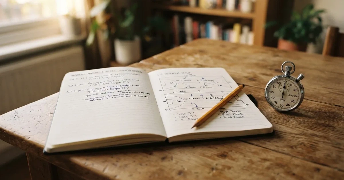 An open notebook with a pencil and a stopwatch on a wooden table
