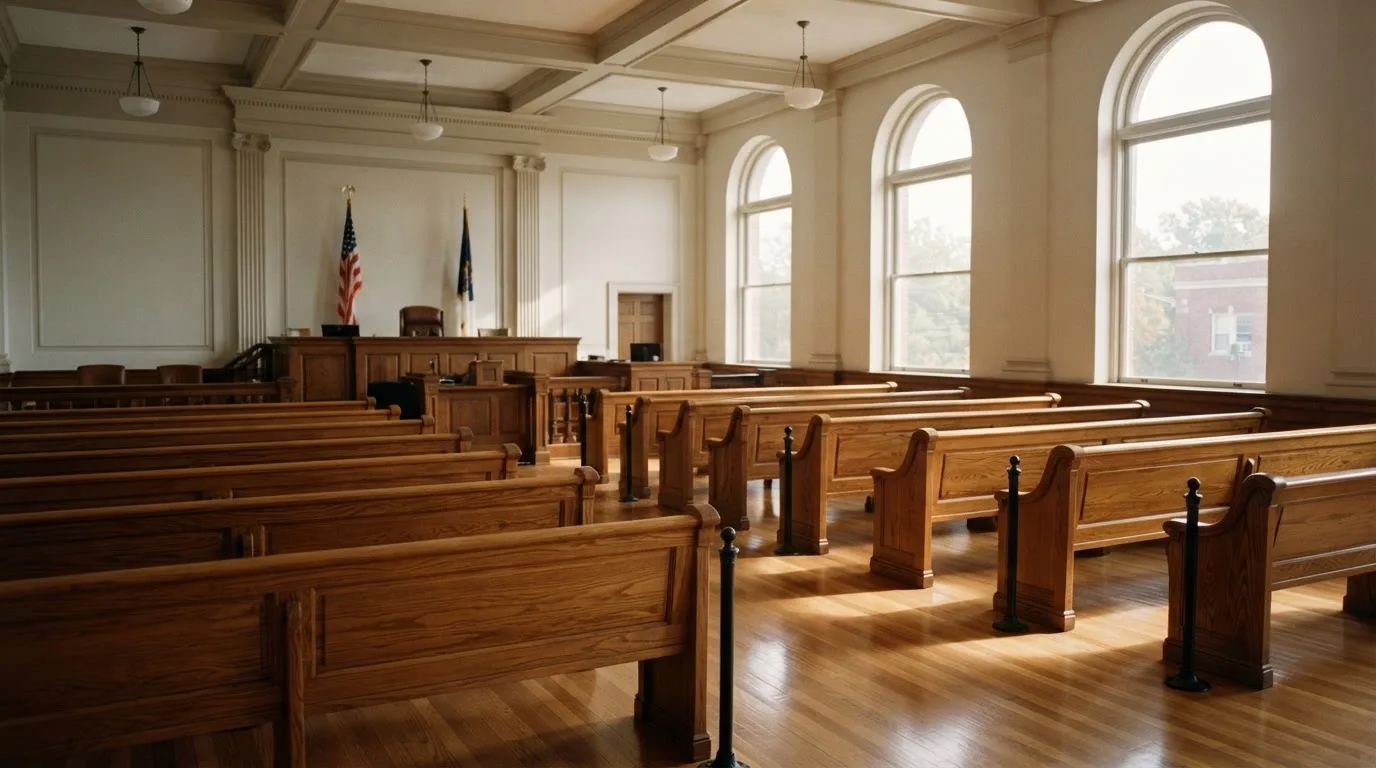 An empty courtroom with wooden benches in morning light
