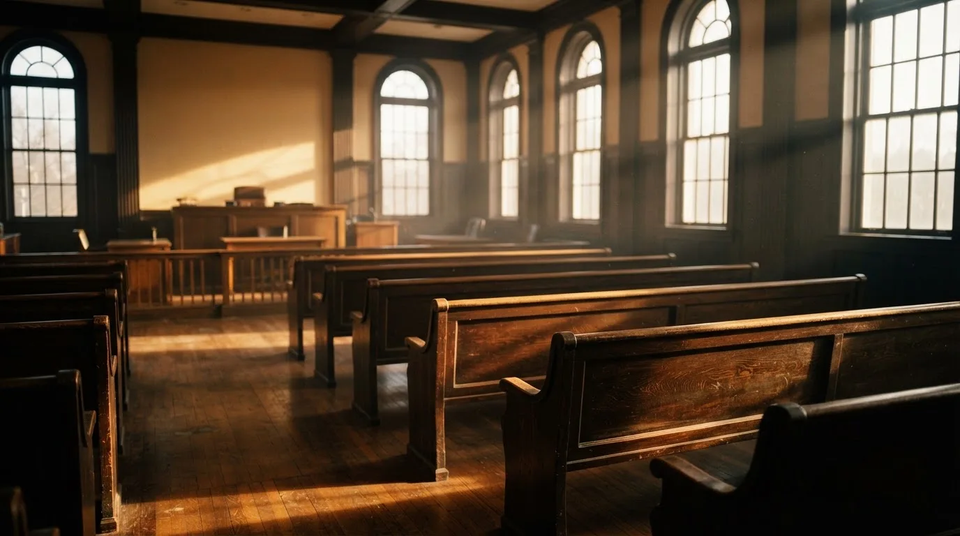 An empty courtroom with wooden benches in morning light