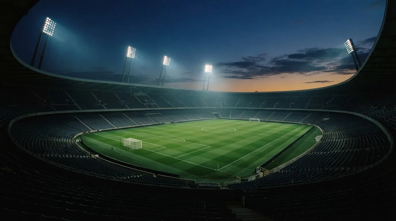 An empty football stadium with floodlight masts at dusk