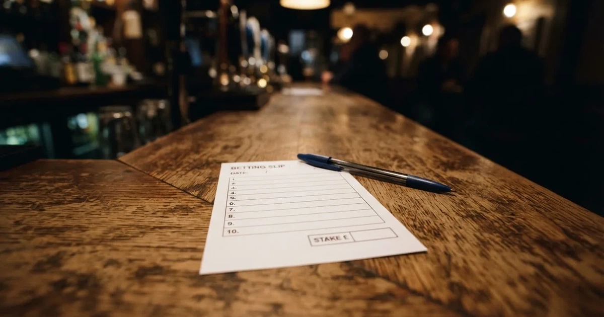 A blank paper betting slip beside a pen on a wooden counter