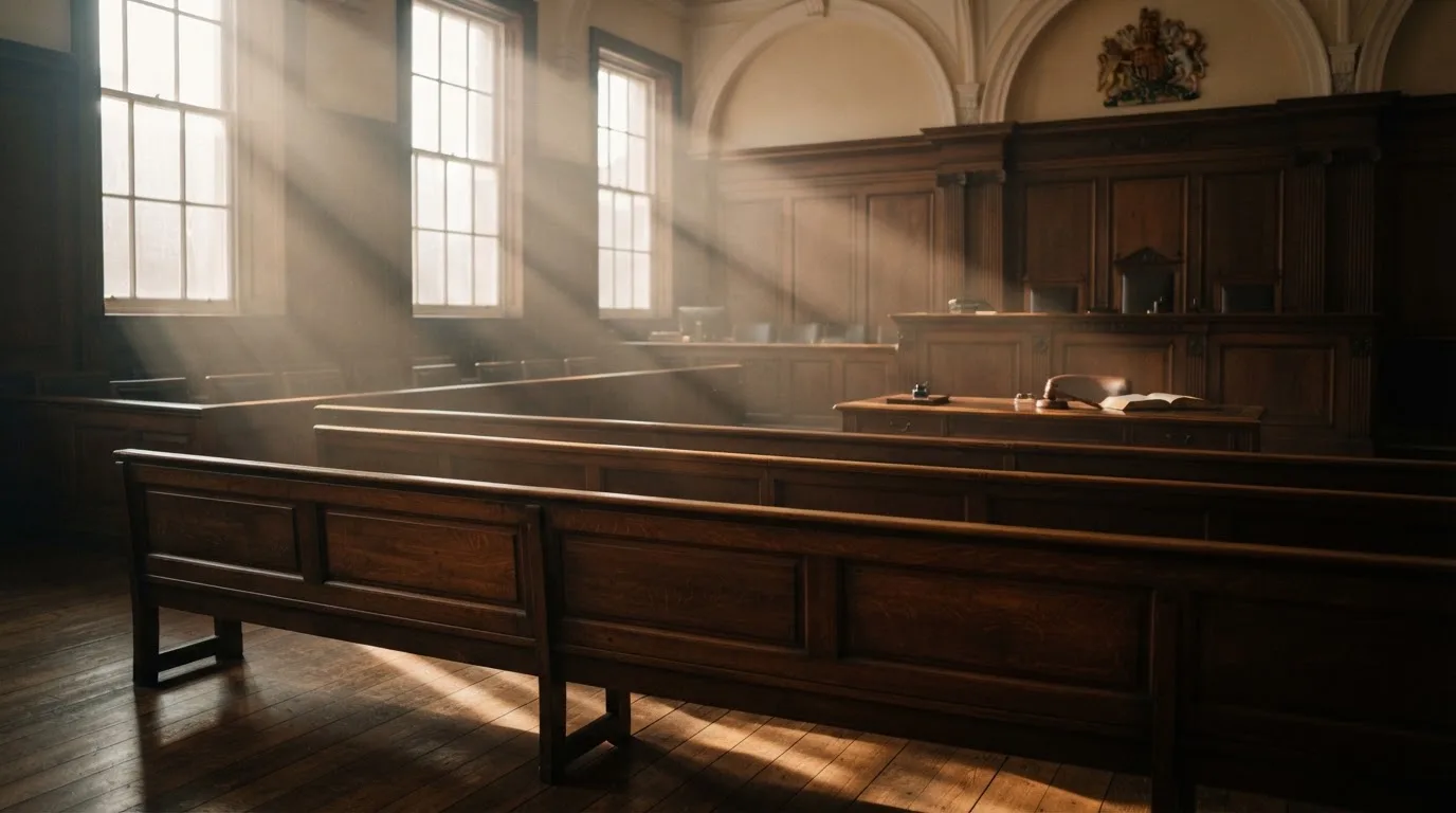 An empty courtroom with wooden benches in morning light