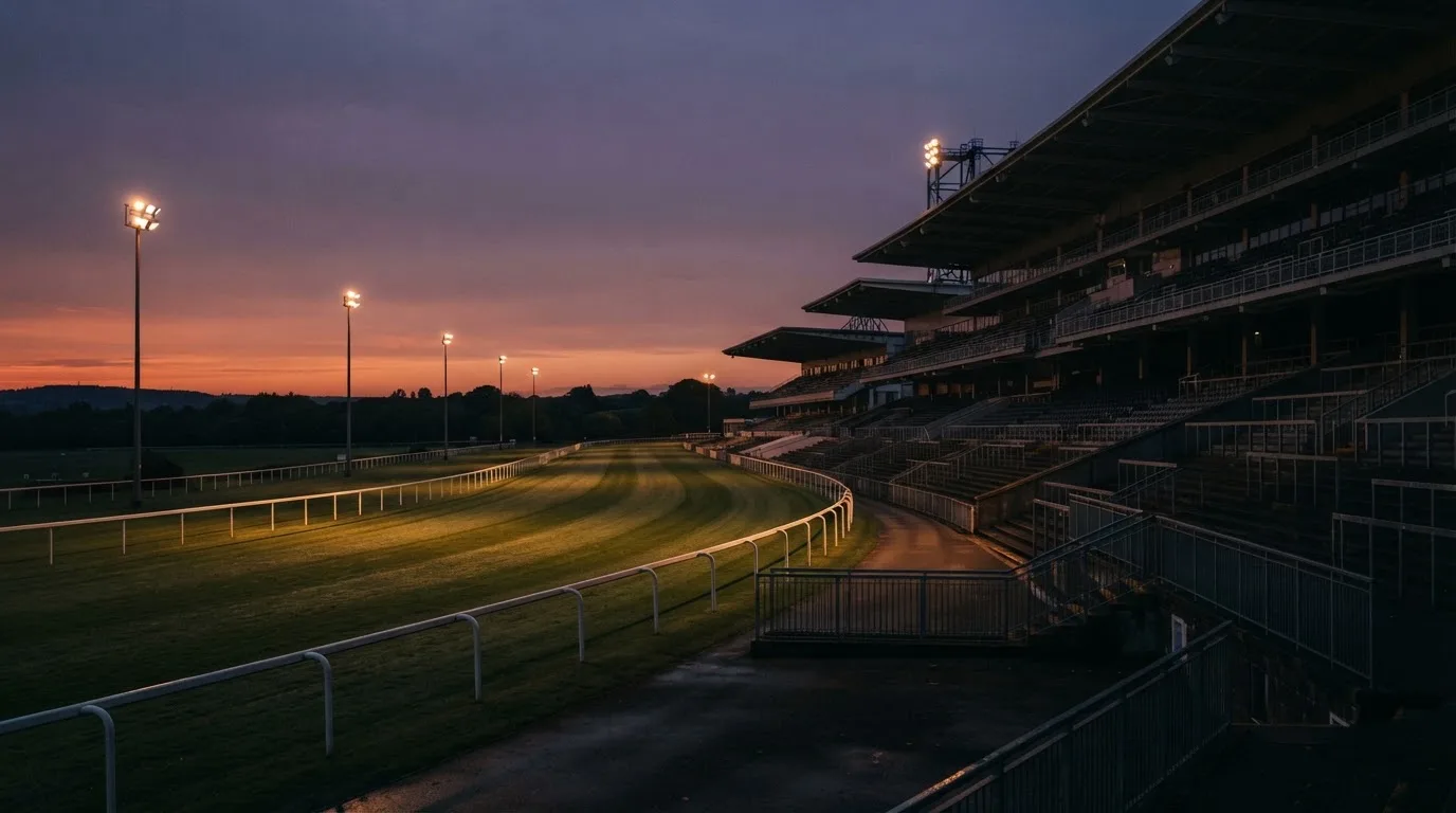 An empty football stadium with floodlight masts at dusk