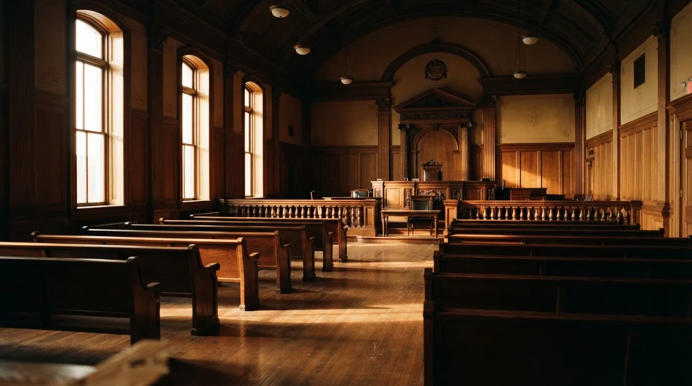 An empty courtroom with wooden benches in morning light