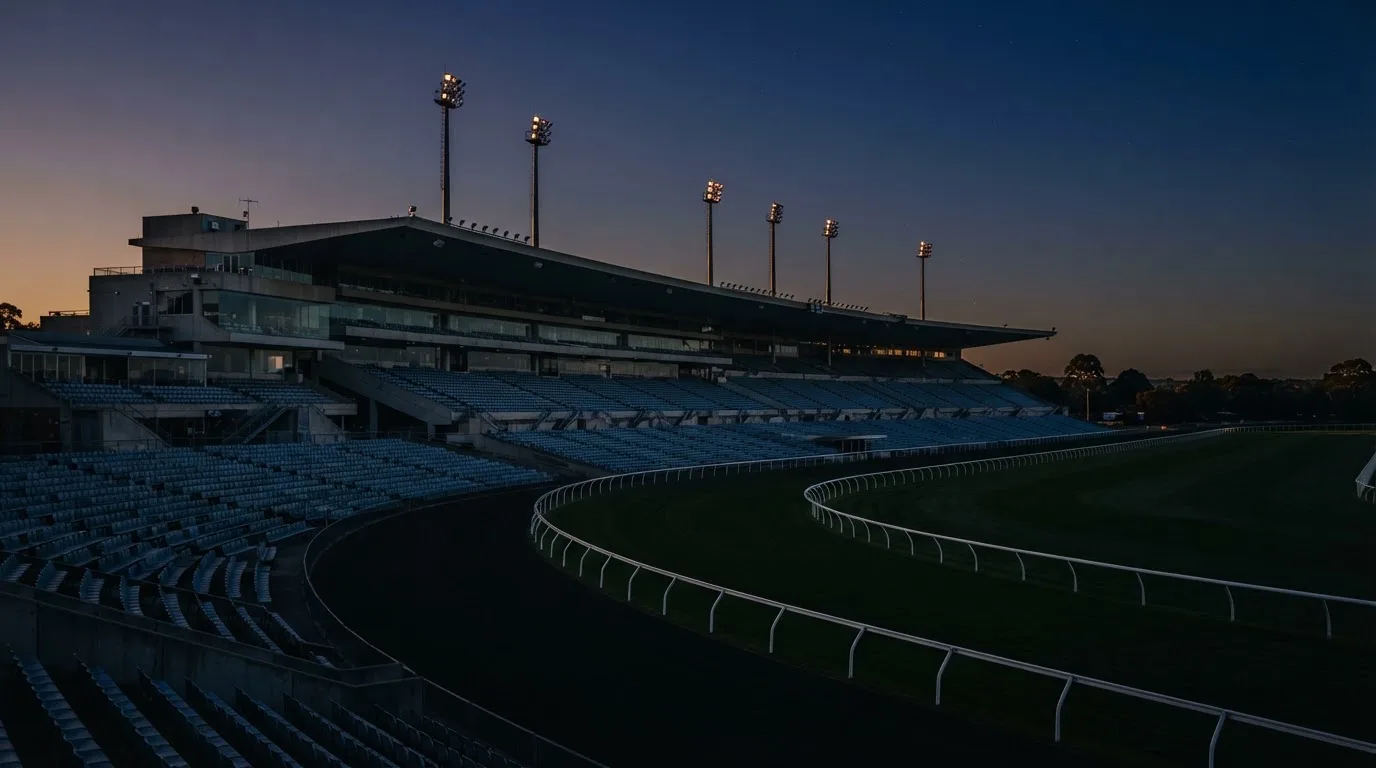 An empty football stadium with floodlight masts at dusk