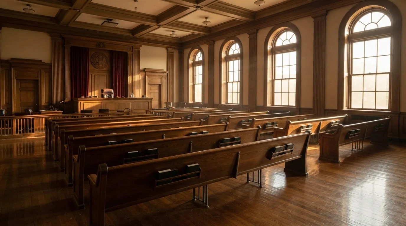An empty courtroom with wooden benches in morning light