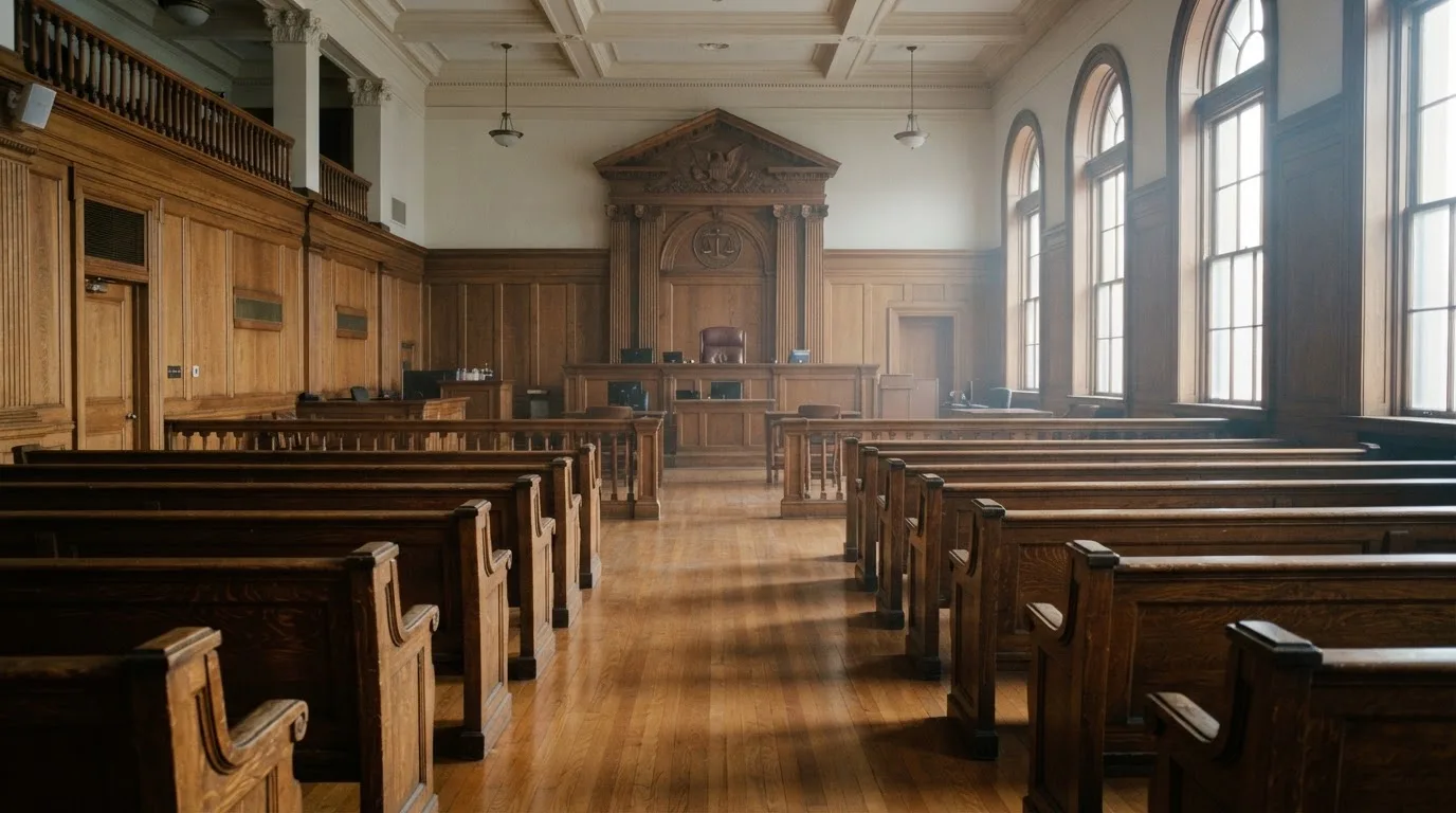 An empty courtroom with wooden benches in morning light