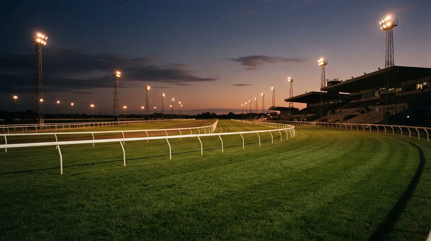 An empty football stadium with floodlight masts at dusk