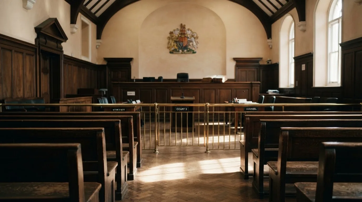 An empty courtroom with wooden benches in morning light