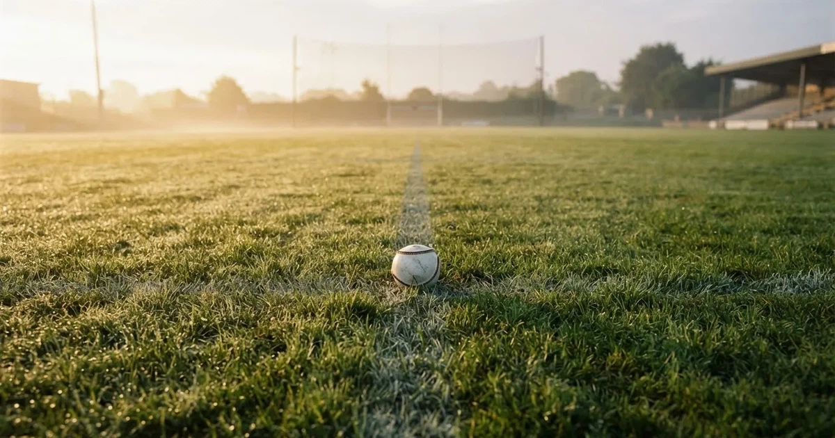 A ball on the centre spot of a grass pitch in morning light