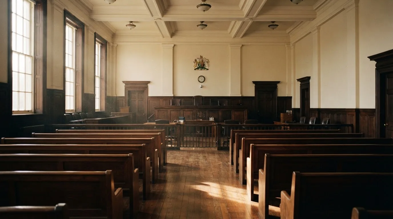 An empty courtroom with wooden benches in morning light