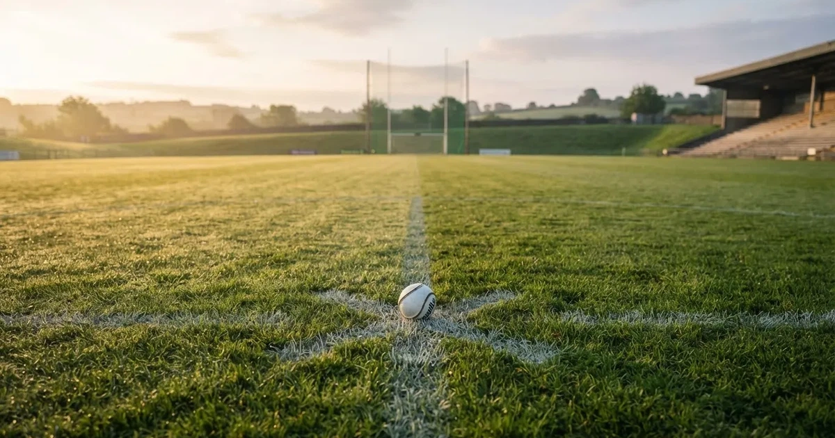 A ball on the centre spot of a grass pitch in morning light