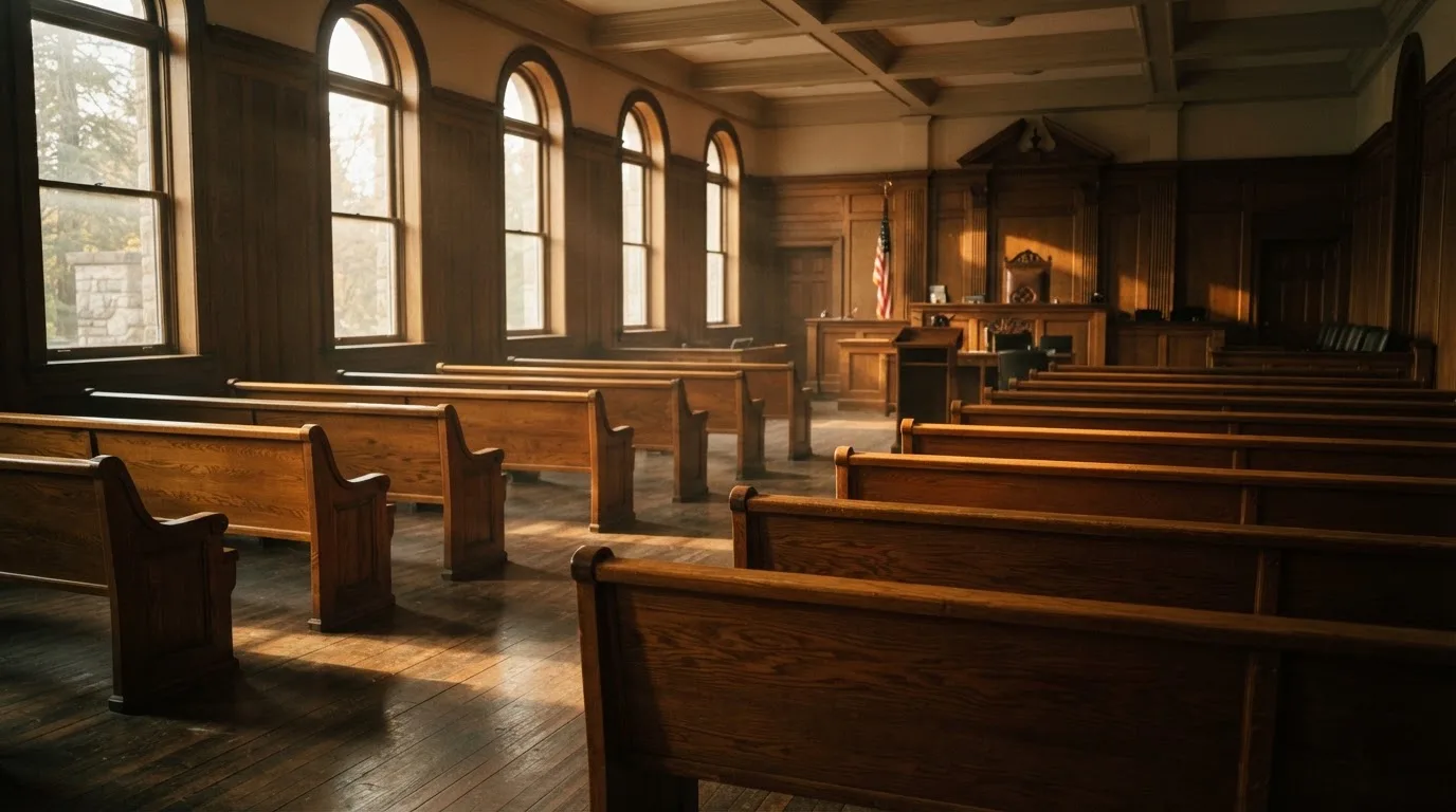 An empty courtroom with wooden benches in morning light