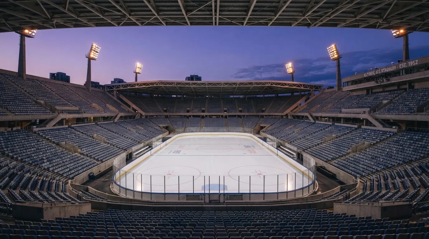 An empty football stadium with floodlight masts at dusk