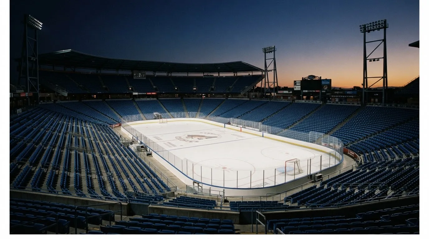 An empty football stadium with floodlight masts at dusk