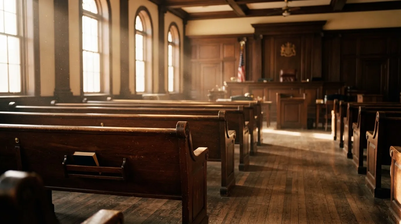 An empty courtroom with wooden benches in morning light