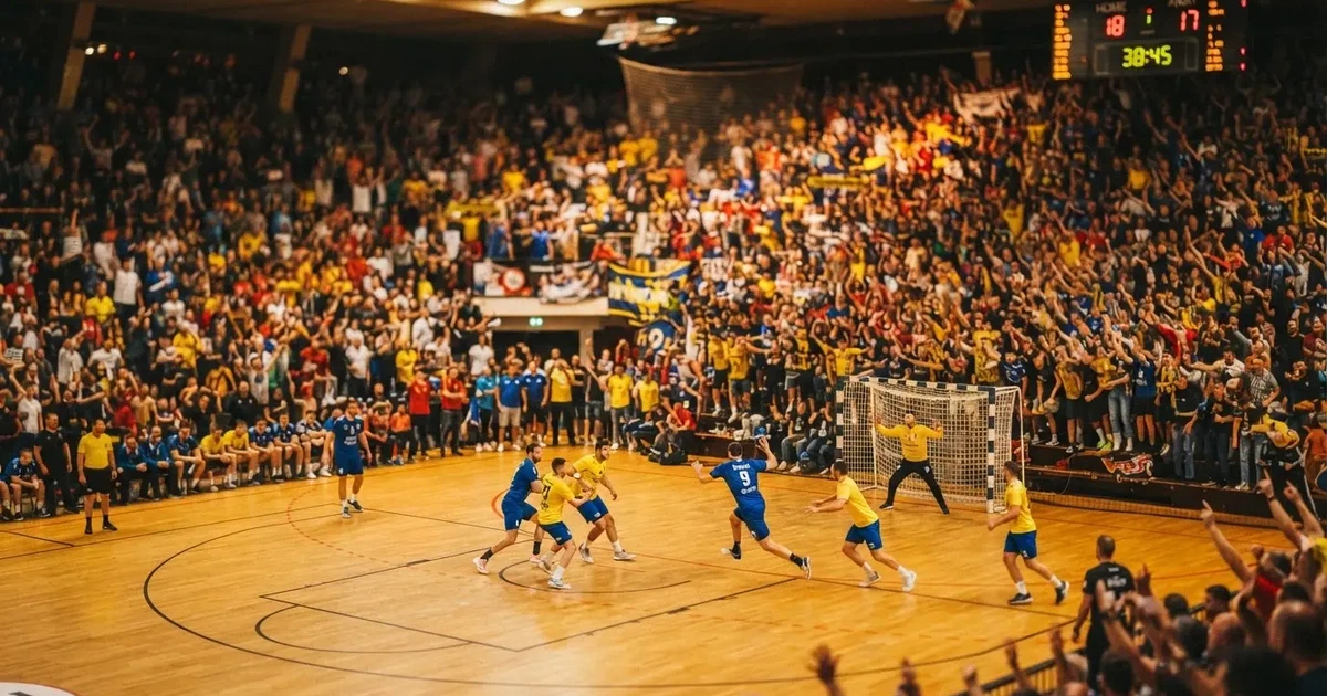 A packed sports hall under floodlights photographed from a long way off