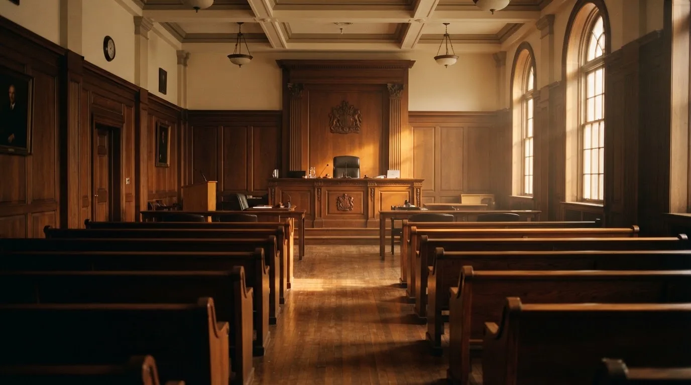 An empty courtroom with wooden benches in morning light