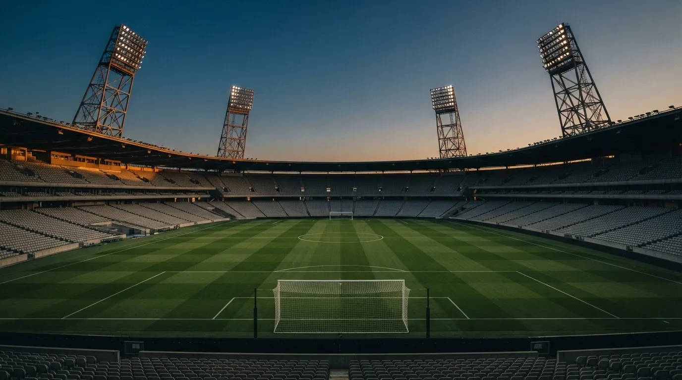 An empty football stadium with floodlight masts at dusk